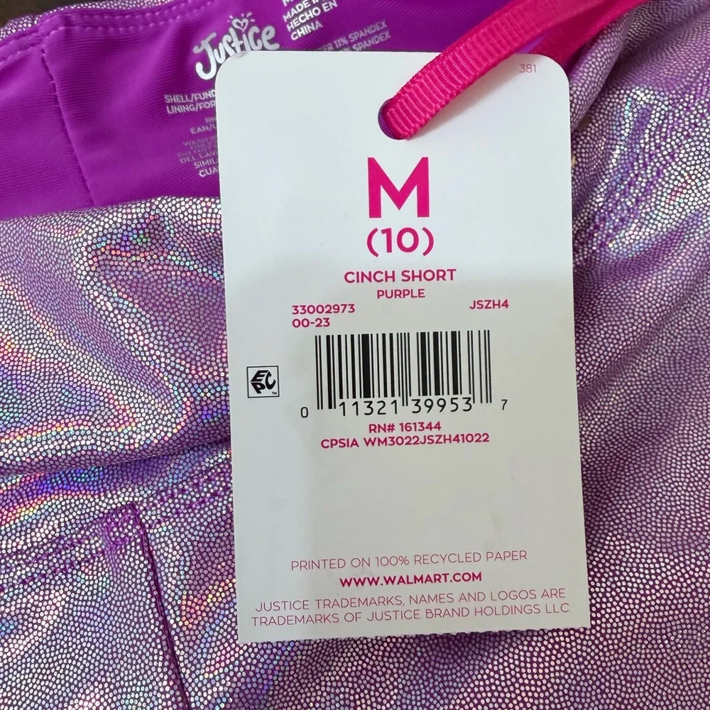 JUSTICE ALL OVER FOIL DANCE & GYMNASTICS SHORTS Girls Size 10 Purple New